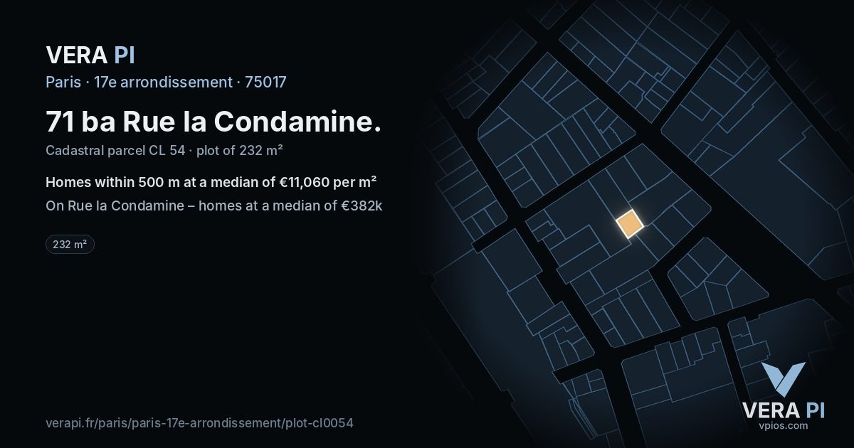 71 ba Rue la Condamine, 17e arrondissement at night – the plot lit, the parcels around coloured by the prices near them
