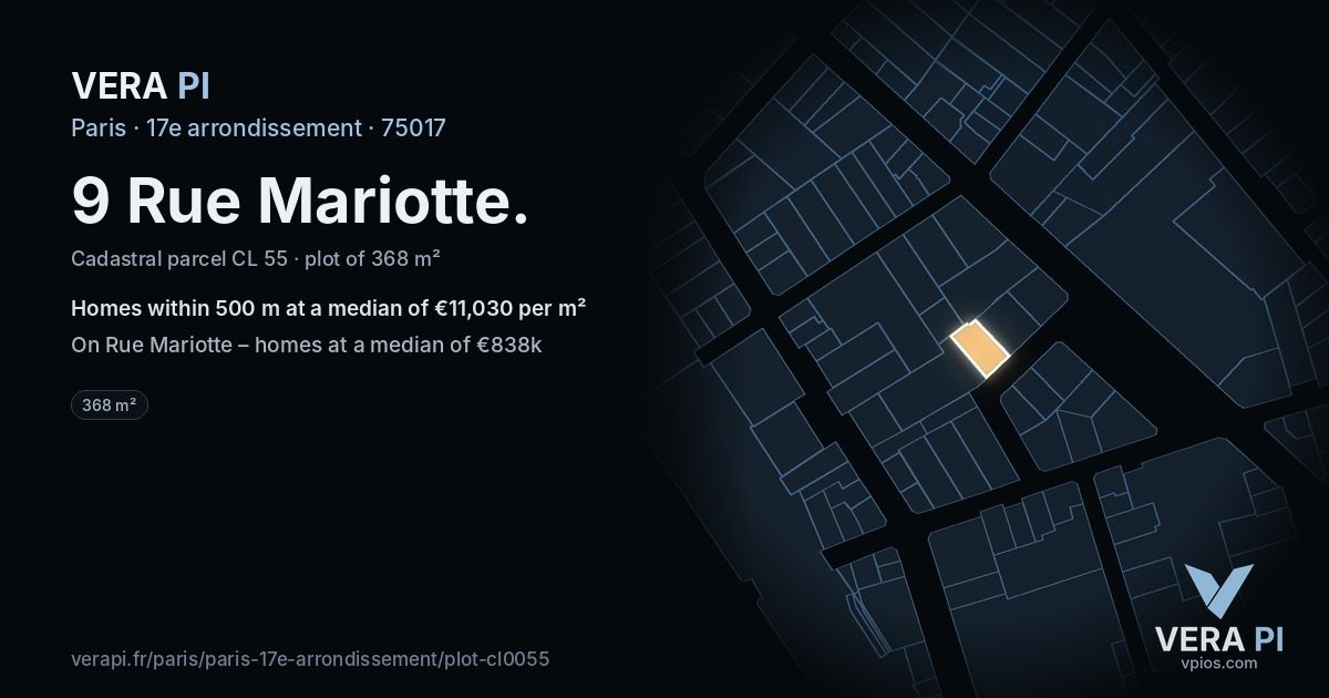 9 Rue Mariotte, 17e arrondissement at night – the plot lit, the parcels around coloured by the prices near them