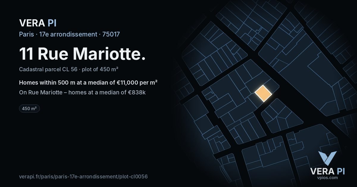 11 Rue Mariotte, 17e arrondissement at night – the plot lit, the parcels around coloured by the prices near them