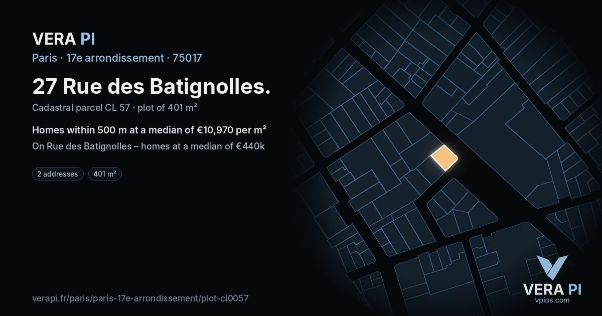27 Rue des Batignolles, 17e arrondissement at night – the plot lit, the parcels around coloured by the prices near them