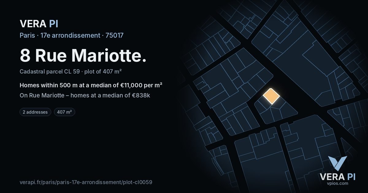 8 Rue Mariotte, 17e arrondissement at night – the plot lit, the parcels around coloured by the prices near them