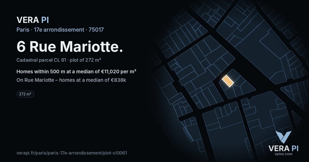 6 Rue Mariotte, 17e arrondissement at night – the plot lit, the parcels around coloured by the prices near them