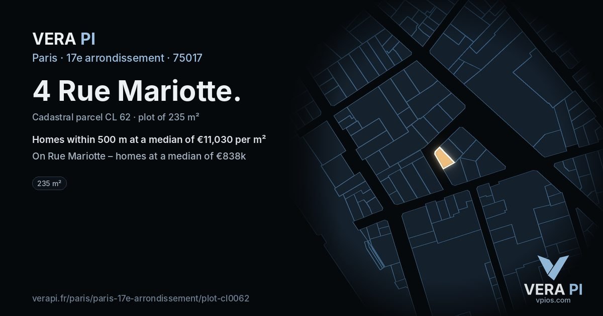4 Rue Mariotte, 17e arrondissement at night – the plot lit, the parcels around coloured by the prices near them