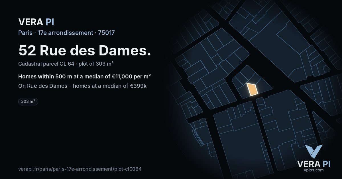 52 Rue des Dames, 17e arrondissement at night – the plot lit, the parcels around coloured by the prices near them