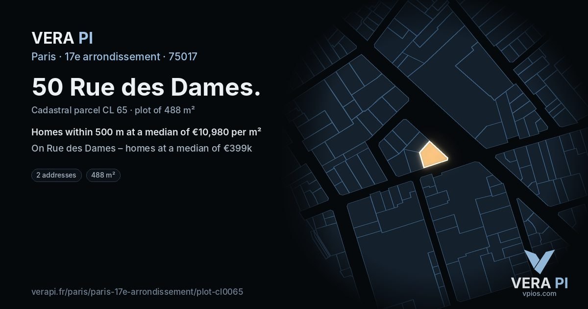 50 Rue des Dames, 17e arrondissement at night – the plot lit, the parcels around coloured by the prices near them