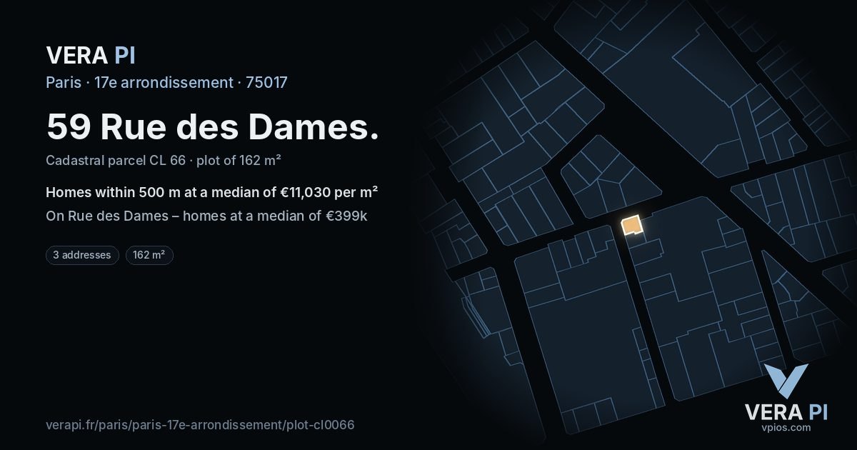 59 Rue des Dames, 17e arrondissement at night – the plot lit, the parcels around coloured by the prices near them