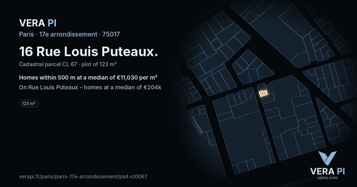 16 Rue Louis Puteaux, 17e arrondissement at night – the plot lit, the parcels around coloured by the prices near them