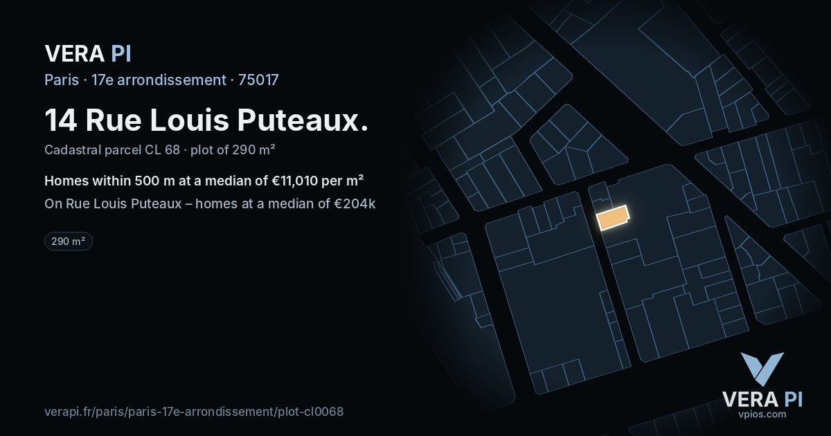 14 Rue Louis Puteaux, 17e arrondissement at night – the plot lit, the parcels around coloured by the prices near them