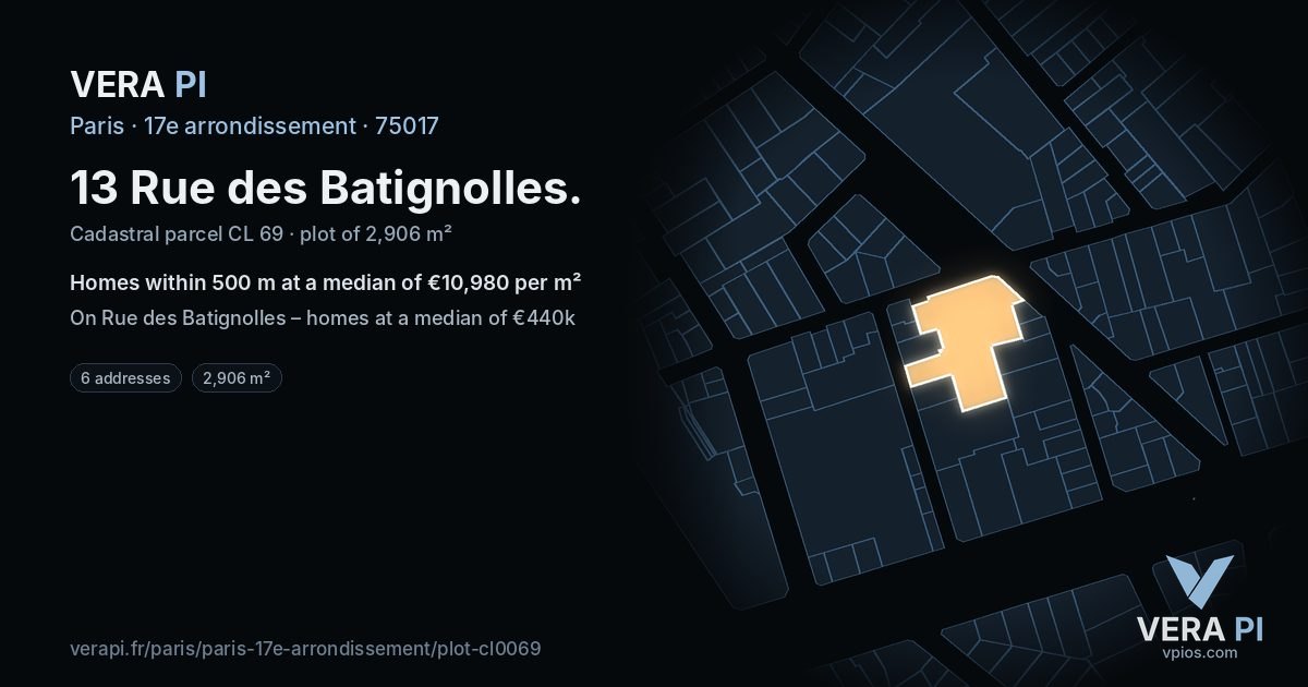 13 Rue des Batignolles, 17e arrondissement at night – the plot lit, the parcels around coloured by the prices near them