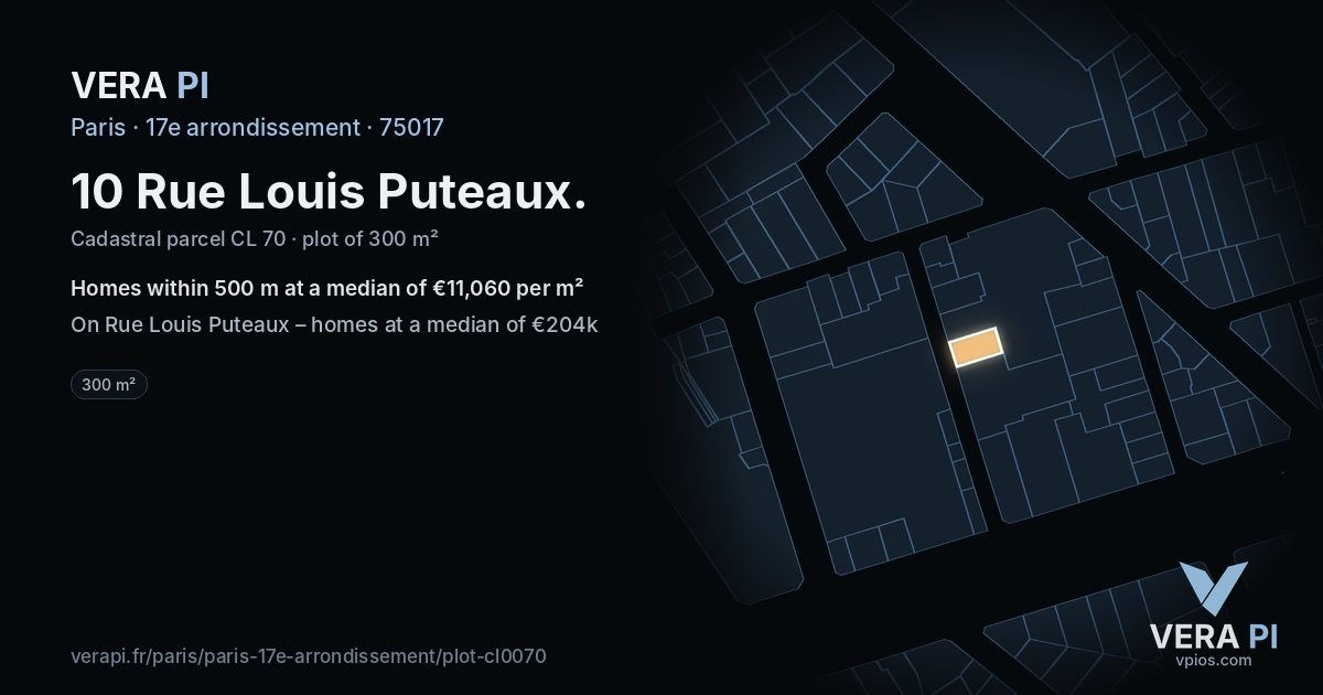 10 Rue Louis Puteaux, 17e arrondissement at night – the plot lit, the parcels around coloured by the prices near them