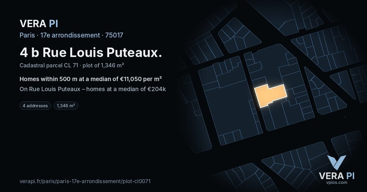 4 b Rue Louis Puteaux, 17e arrondissement at night – the plot lit, the parcels around coloured by the prices near them