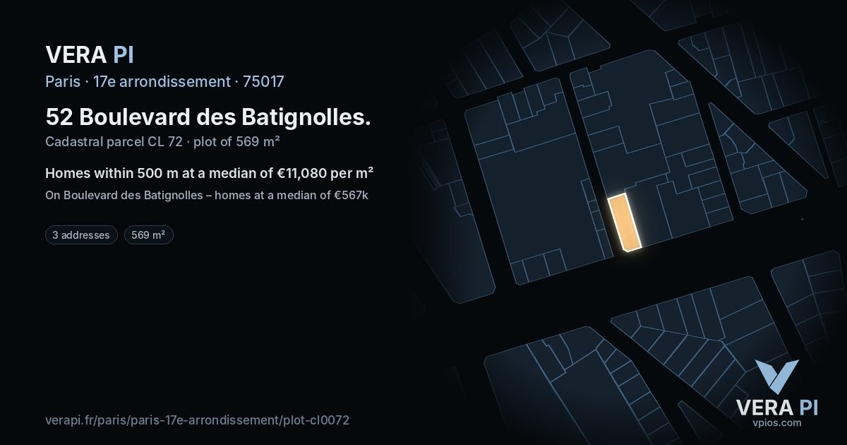 52 Boulevard des Batignolles, 17e arrondissement at night – the plot lit, the parcels around coloured by the prices near them