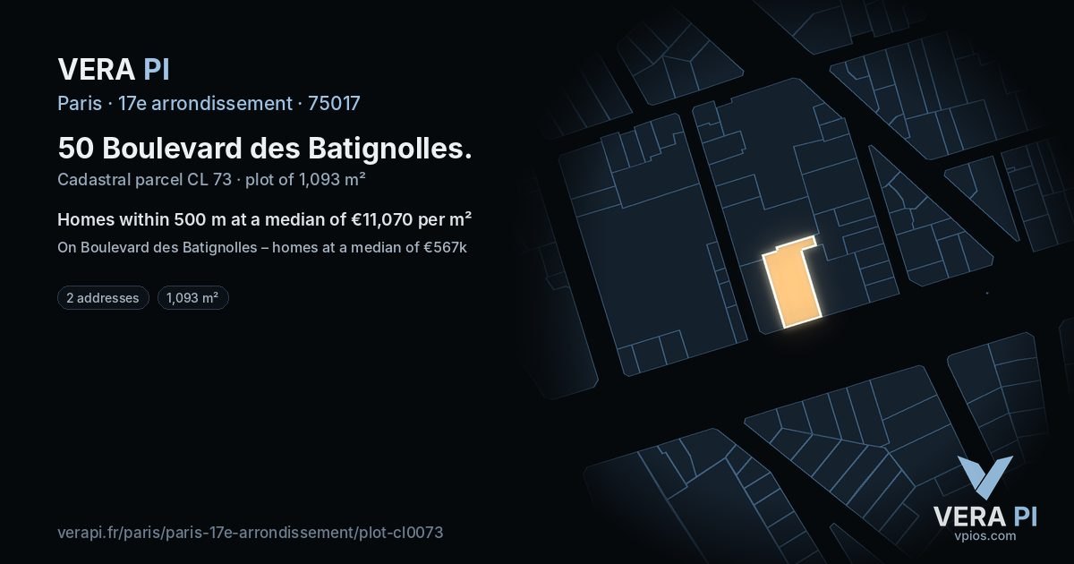 50 Boulevard des Batignolles, 17e arrondissement at night – the plot lit, the parcels around coloured by the prices near them