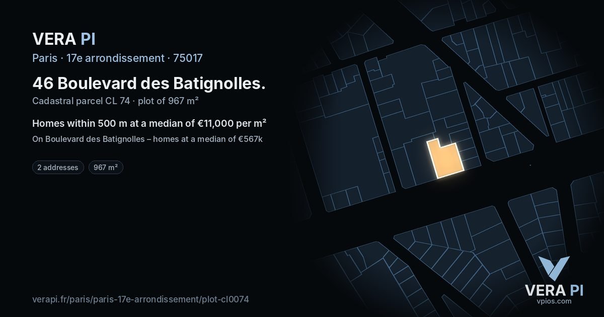 46 Boulevard des Batignolles, 17e arrondissement at night – the plot lit, the parcels around coloured by the prices near them