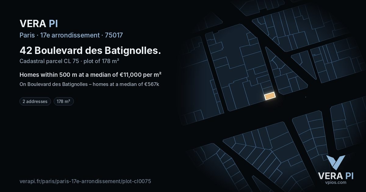 42 Boulevard des Batignolles, 17e arrondissement at night – the plot lit, the parcels around coloured by the prices near them