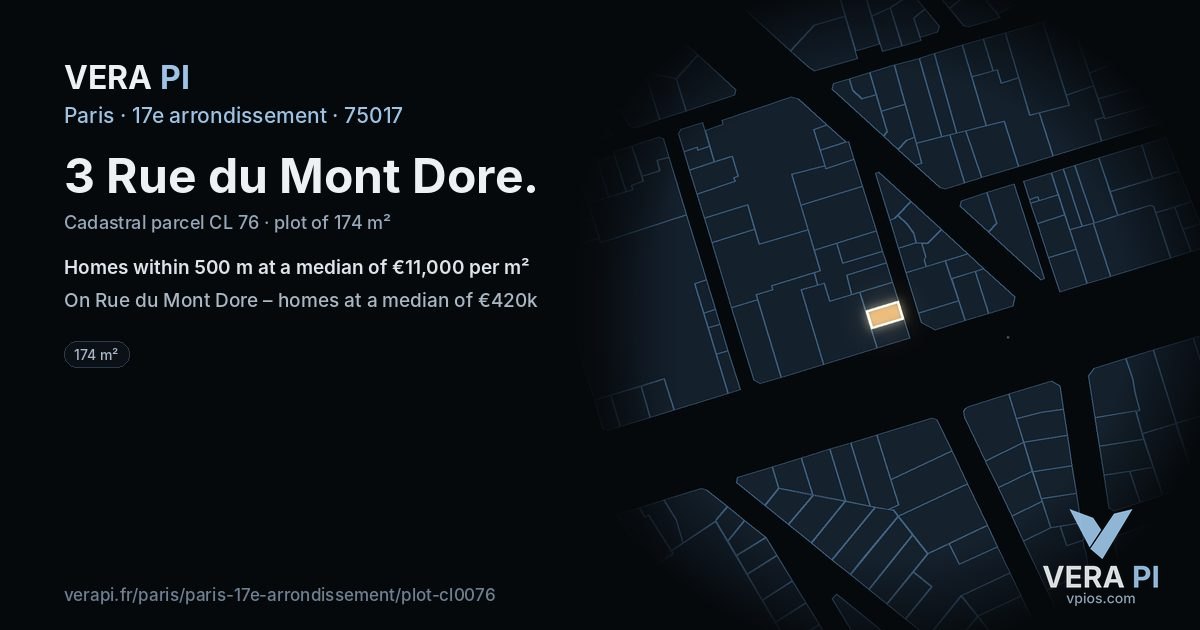 3 Rue du Mont Dore, 17e arrondissement at night – the plot lit, the parcels around coloured by the prices near them