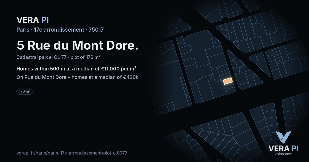 5 Rue du Mont Dore, 17e arrondissement at night – the plot lit, the parcels around coloured by the prices near them