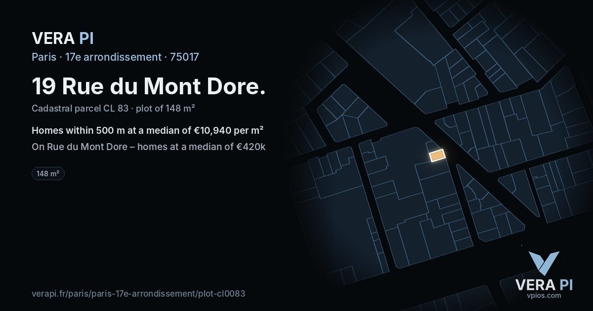 19 Rue du Mont Dore, 17e arrondissement at night – the plot lit, the parcels around coloured by the prices near them