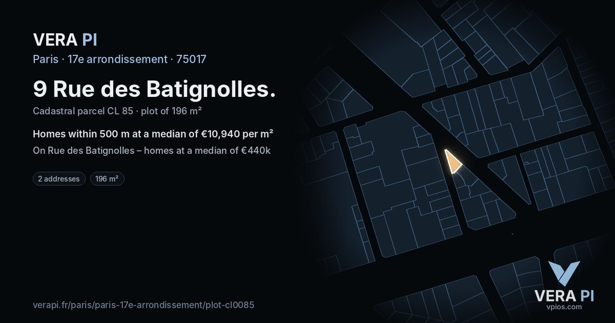 9 Rue des Batignolles, 17e arrondissement at night – the plot lit, the parcels around coloured by the prices near them