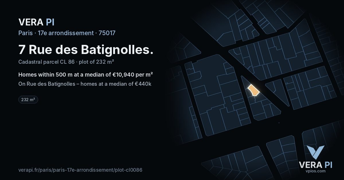 7 Rue des Batignolles, 17e arrondissement at night – the plot lit, the parcels around coloured by the prices near them