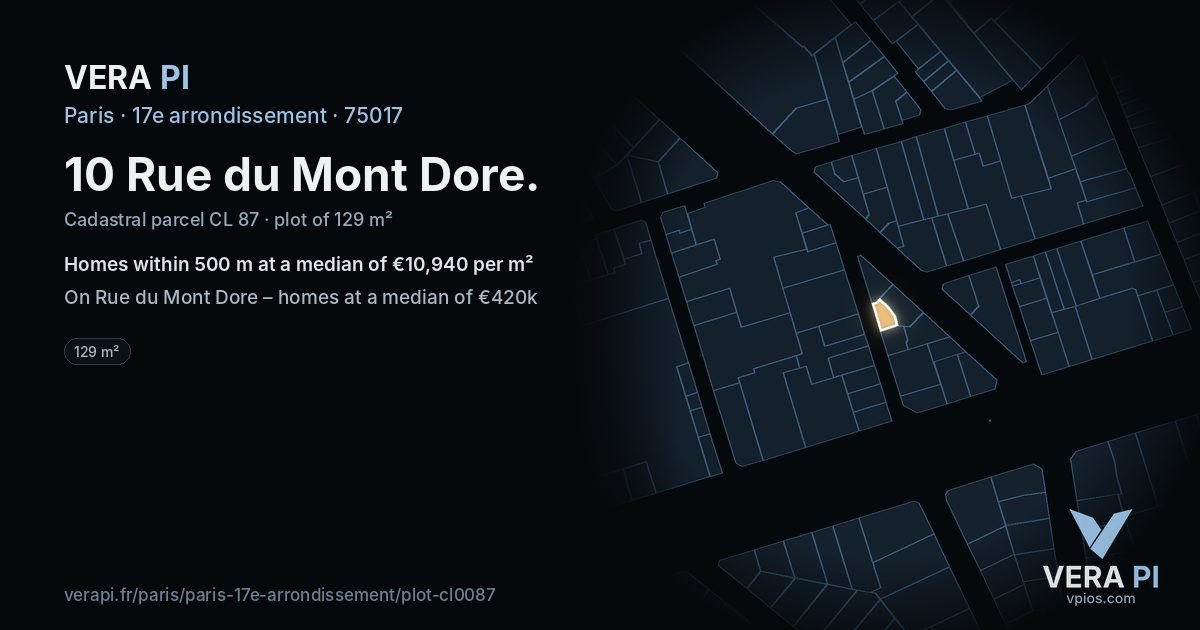 10 Rue du Mont Dore, 17e arrondissement at night – the plot lit, the parcels around coloured by the prices near them