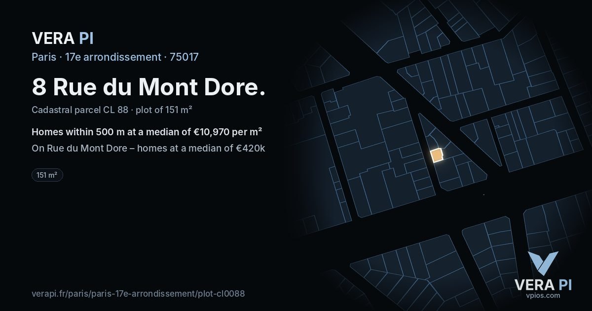 8 Rue du Mont Dore, 17e arrondissement at night – the plot lit, the parcels around coloured by the prices near them