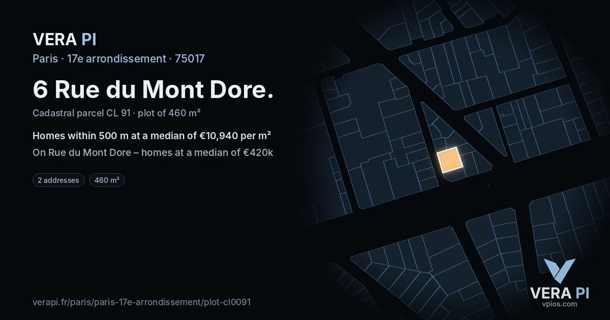 6 Rue du Mont Dore, 17e arrondissement at night – the plot lit, the parcels around coloured by the prices near them