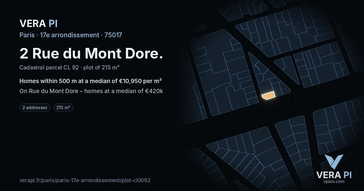 2 Rue du Mont Dore, 17e arrondissement at night – the plot lit, the parcels around coloured by the prices near them