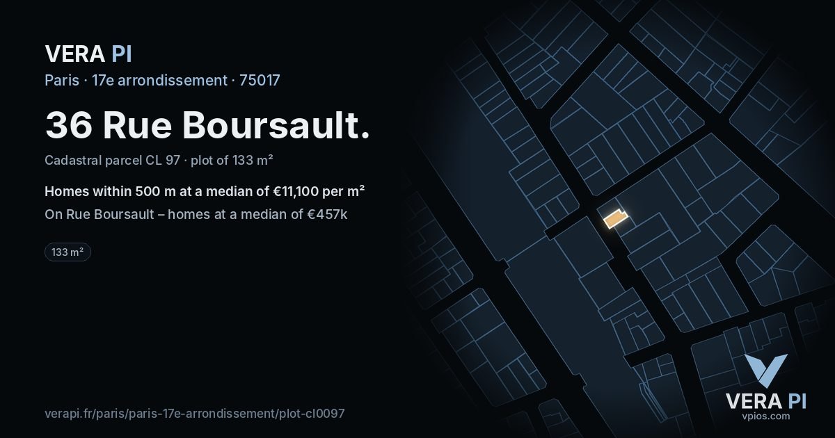 36 Rue Boursault, 17e arrondissement at night – the plot lit, the parcels around coloured by the prices near them