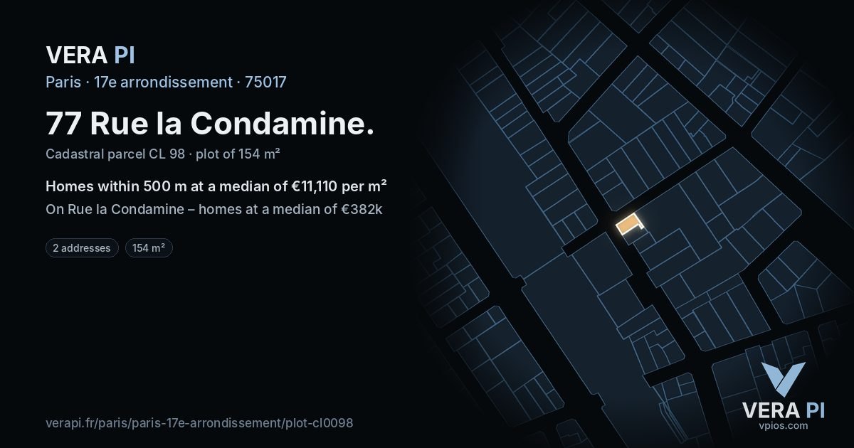 77 Rue la Condamine, 17e arrondissement at night – the plot lit, the parcels around coloured by the prices near them