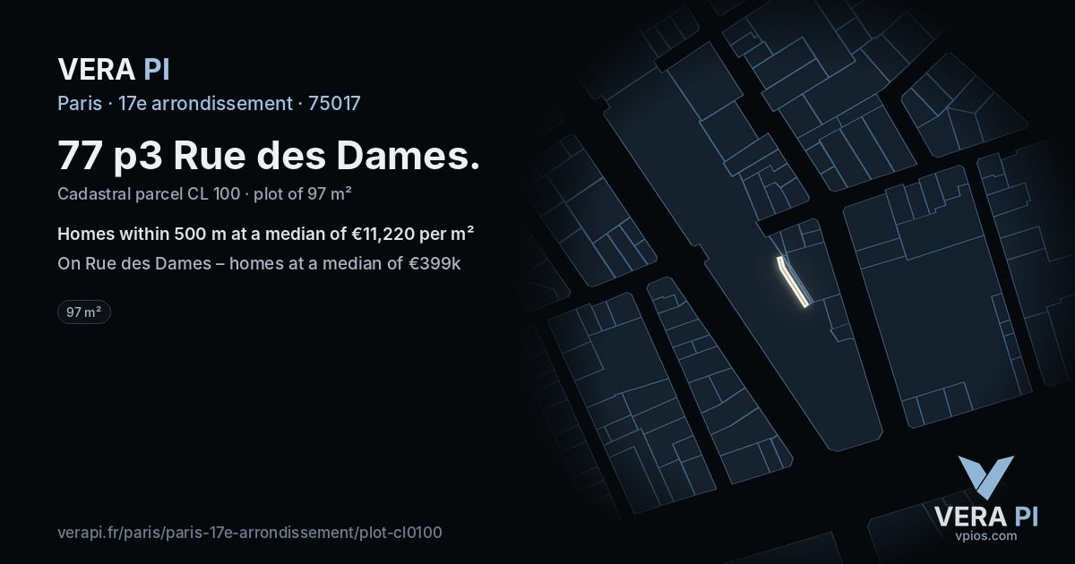 77 p3 Rue des Dames, 17e arrondissement at night – the plot lit, the parcels around coloured by the prices near them