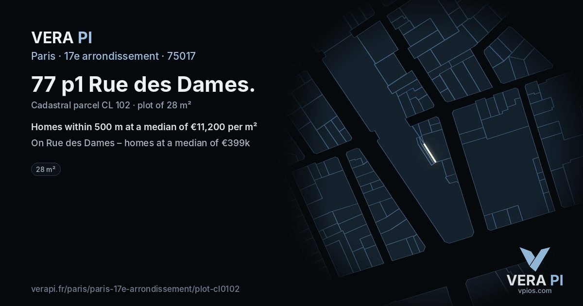 77 p1 Rue des Dames, 17e arrondissement at night – the plot lit, the parcels around coloured by the prices near them