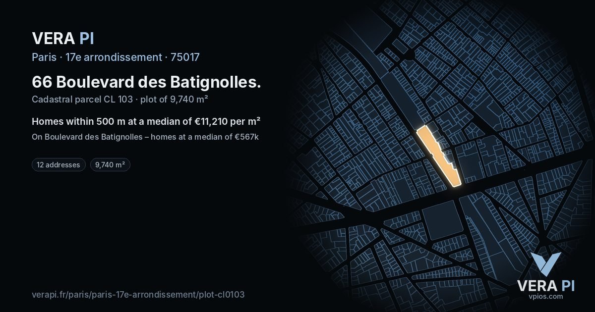 66 Boulevard des Batignolles, 17e arrondissement at night – the plot lit, the parcels around coloured by the prices near them