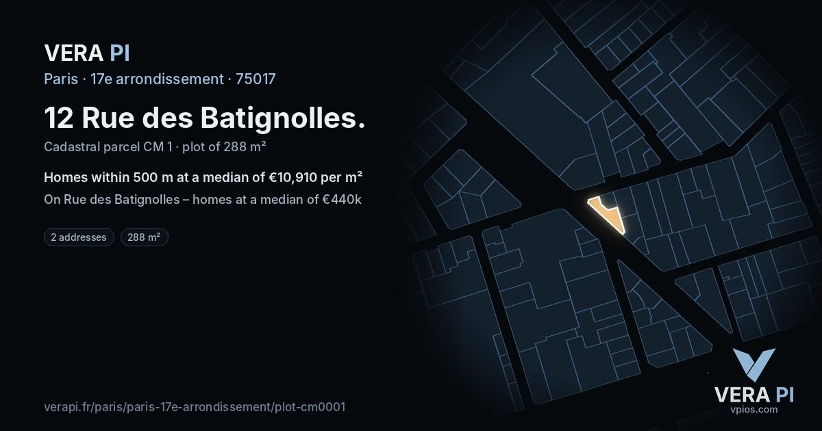 12 Rue des Batignolles, 17e arrondissement at night – the plot lit, the parcels around coloured by the prices near them