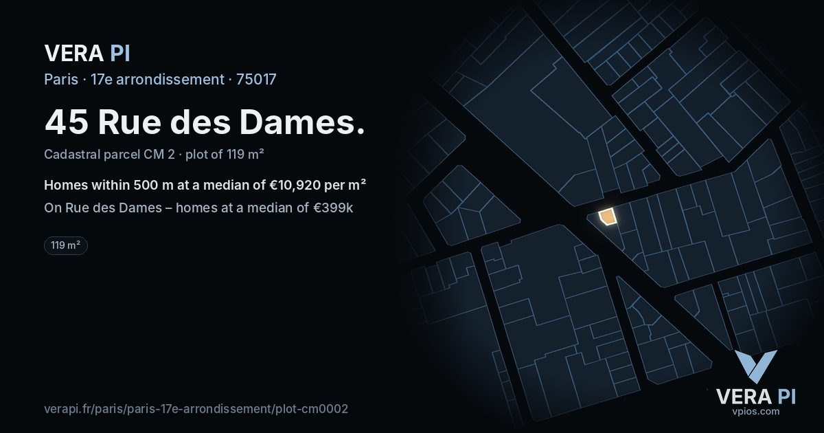 45 Rue des Dames, 17e arrondissement at night – the plot lit, the parcels around coloured by the prices near them