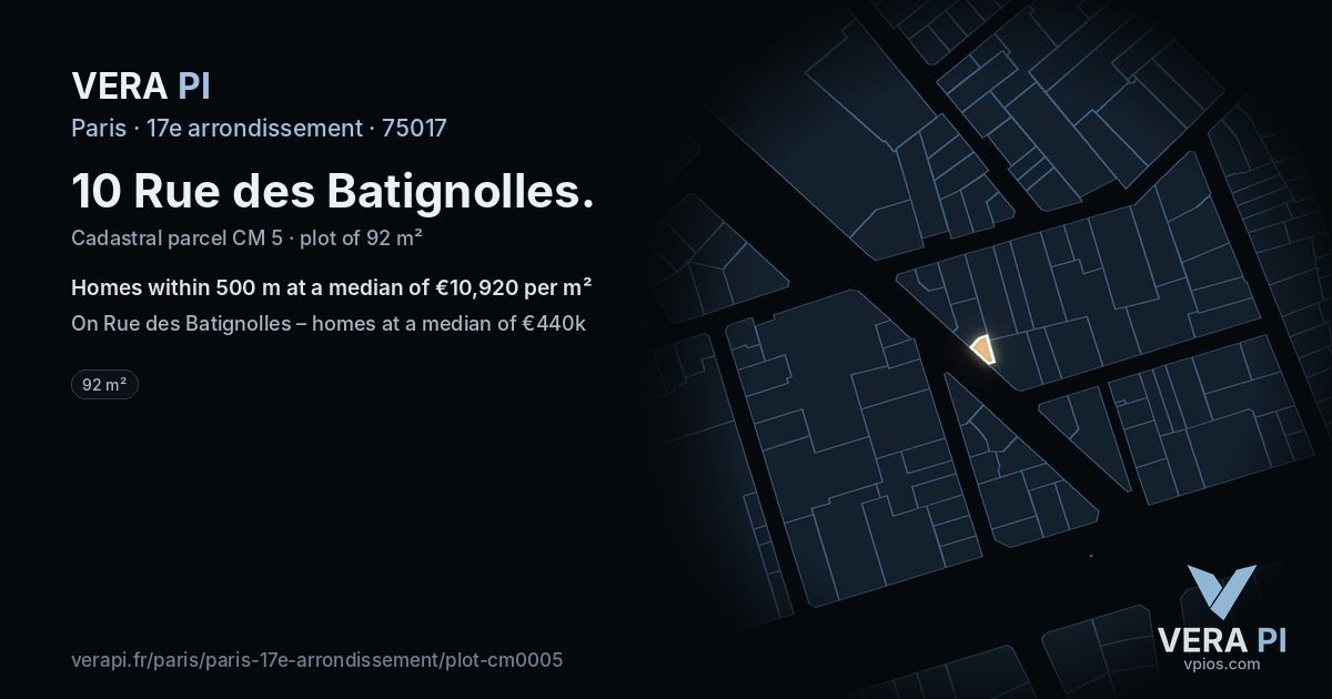 10 Rue des Batignolles, 17e arrondissement at night – the plot lit, the parcels around coloured by the prices near them