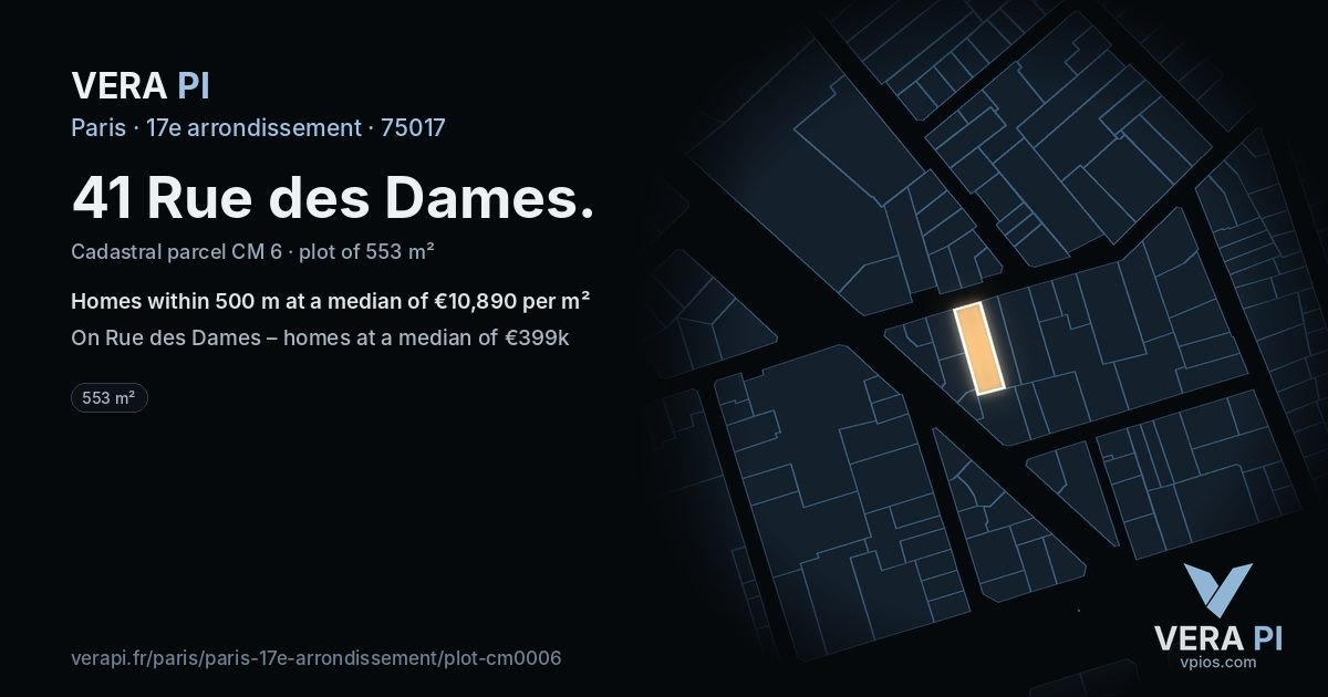 41 Rue des Dames, 17e arrondissement at night – the plot lit, the parcels around coloured by the prices near them