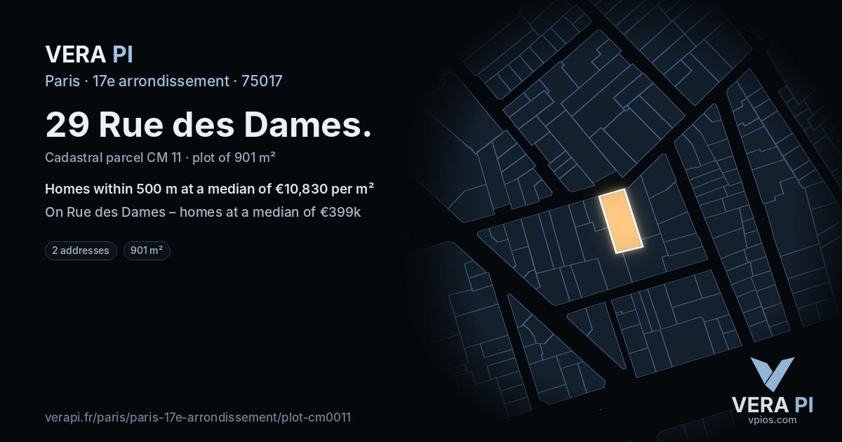 29 Rue des Dames, 17e arrondissement at night – the plot lit, the parcels around coloured by the prices near them