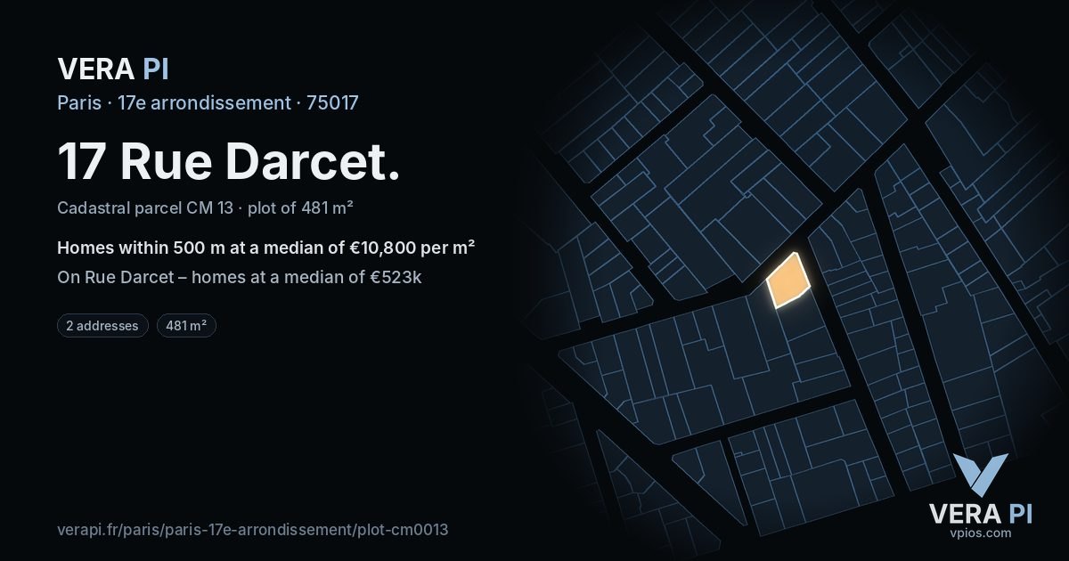 17 Rue Darcet, 17e arrondissement at night – the plot lit, the parcels around coloured by the prices near them