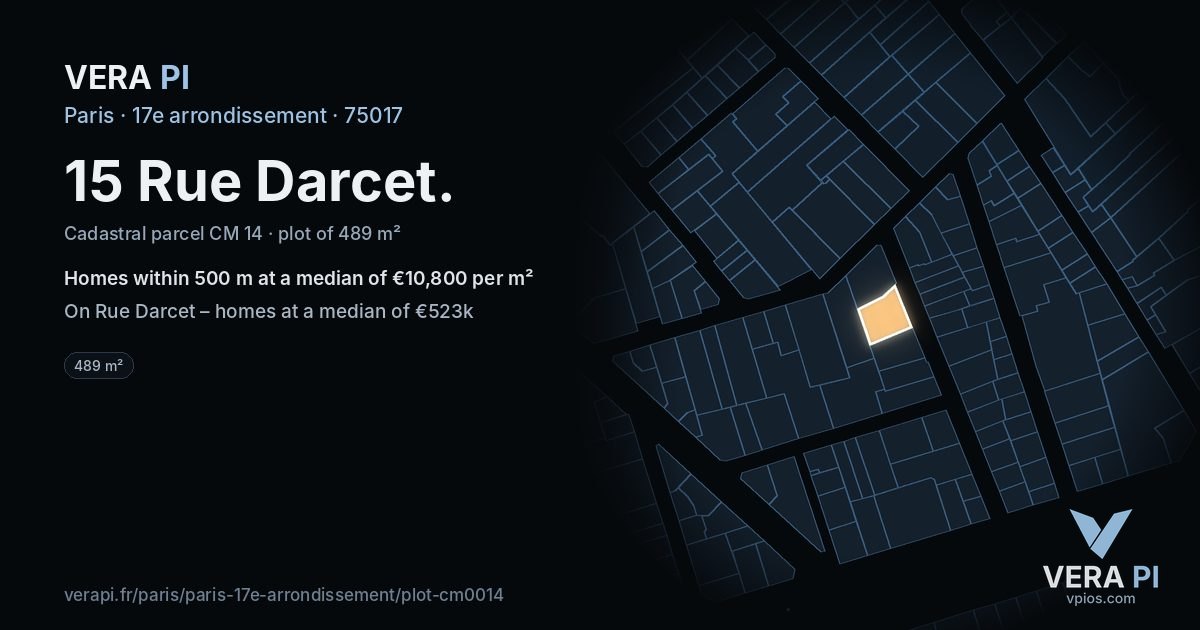 15 Rue Darcet, 17e arrondissement at night – the plot lit, the parcels around coloured by the prices near them