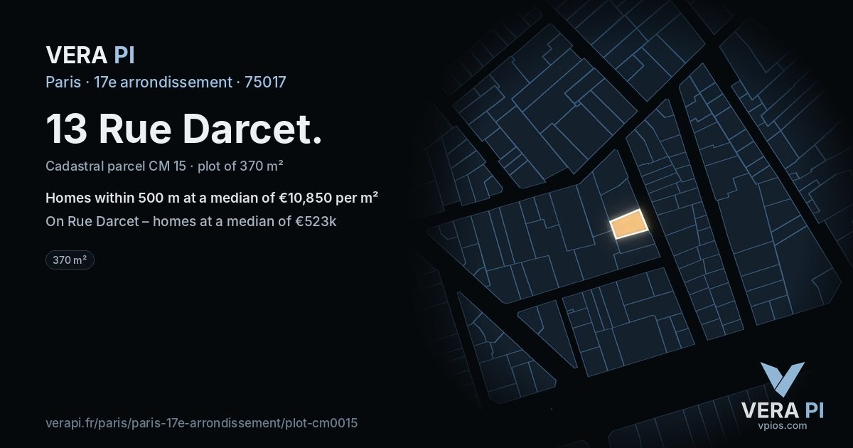 13 Rue Darcet, 17e arrondissement at night – the plot lit, the parcels around coloured by the prices near them