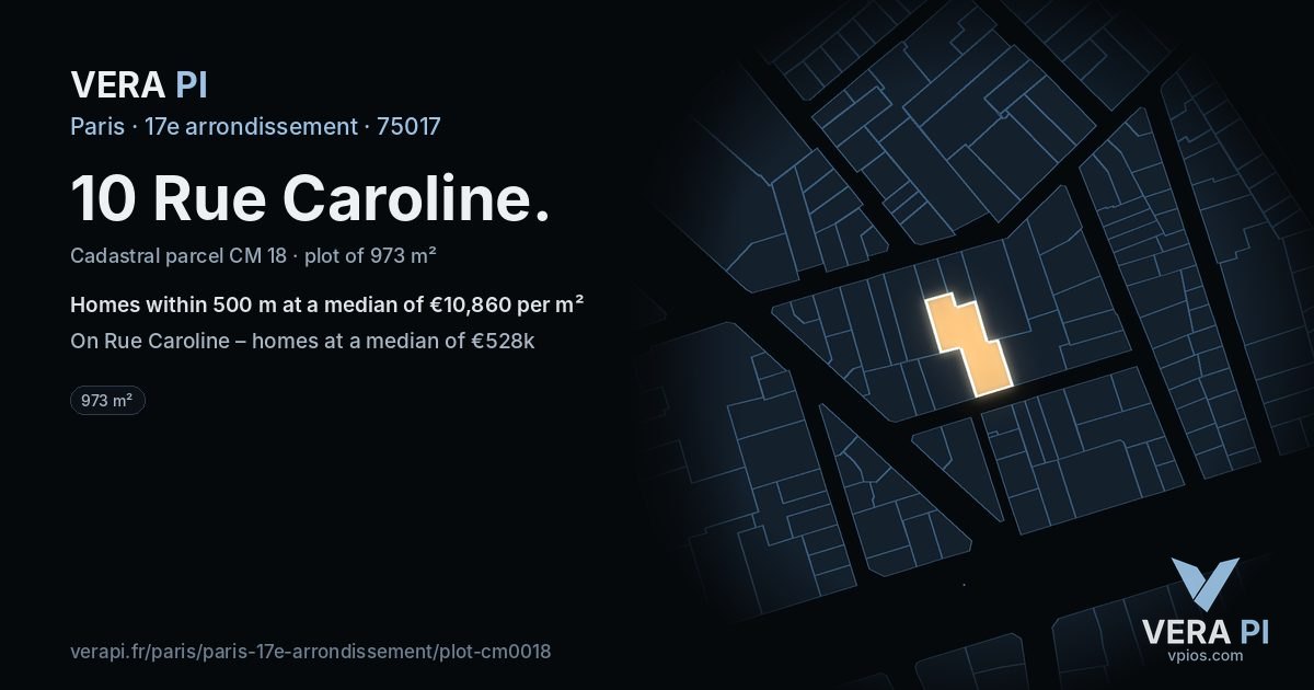 10 Rue Caroline, 17e arrondissement at night – the plot lit, the parcels around coloured by the prices near them