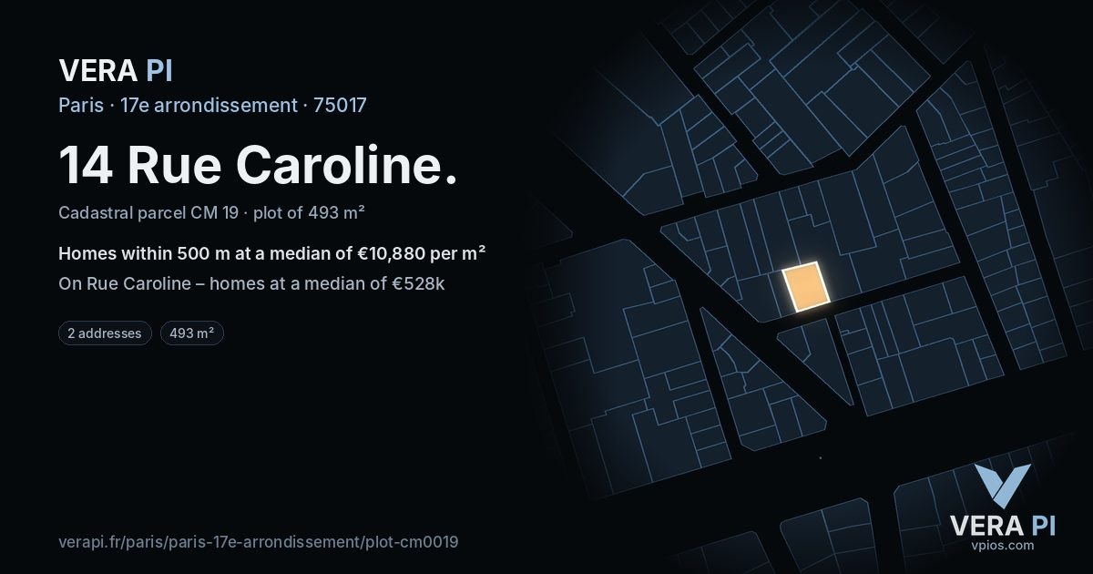 14 Rue Caroline, 17e arrondissement at night – the plot lit, the parcels around coloured by the prices near them