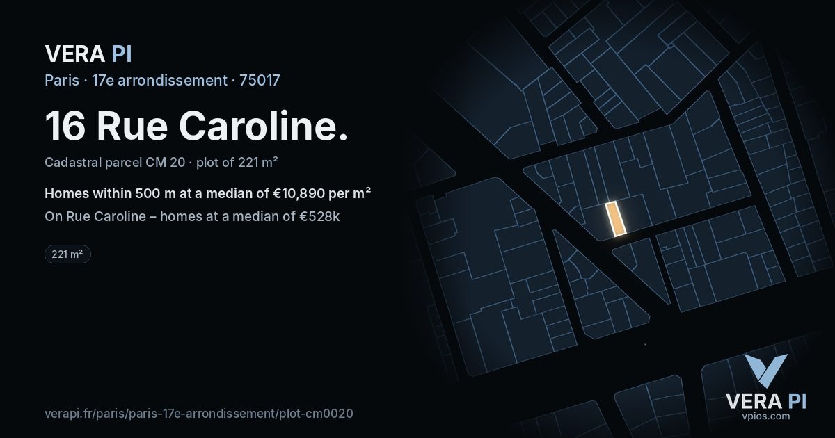 16 Rue Caroline, 17e arrondissement at night – the plot lit, the parcels around coloured by the prices near them