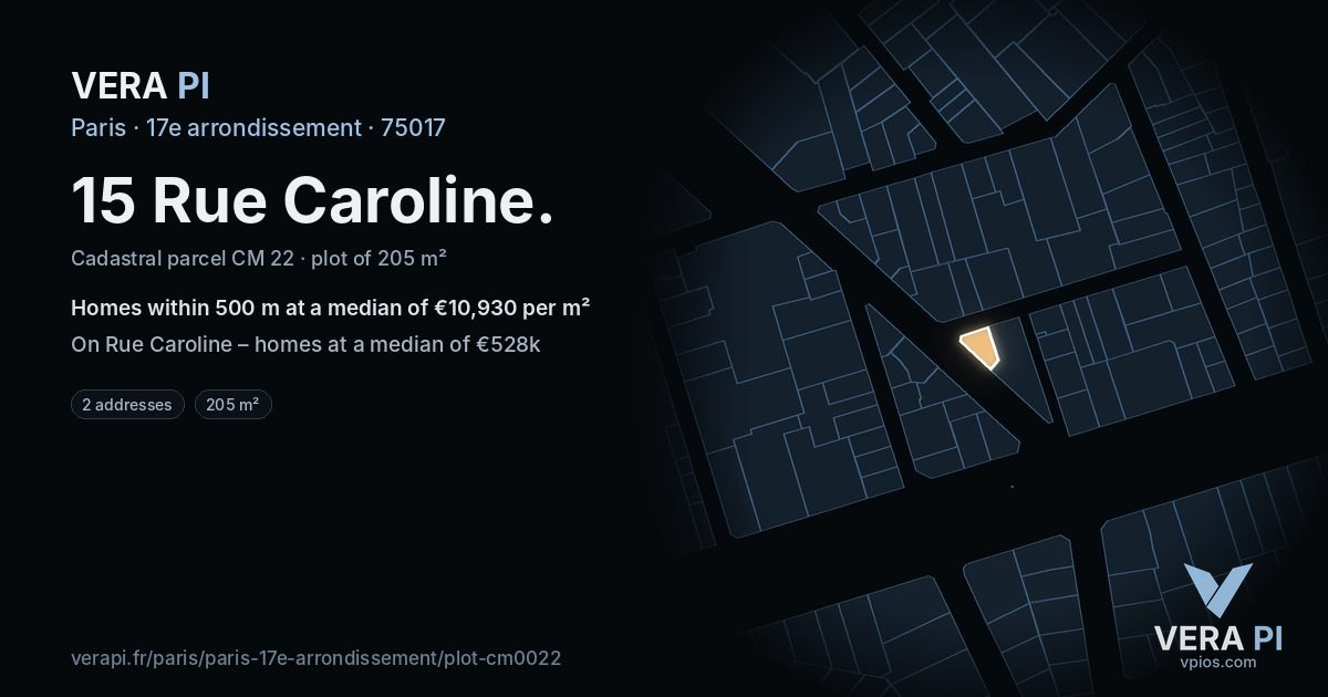 15 Rue Caroline, 17e arrondissement at night – the plot lit, the parcels around coloured by the prices near them