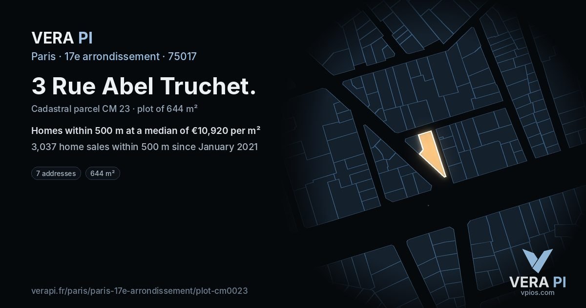 3 Rue Abel Truchet, 17e arrondissement at night – the plot lit, the parcels around coloured by the prices near them