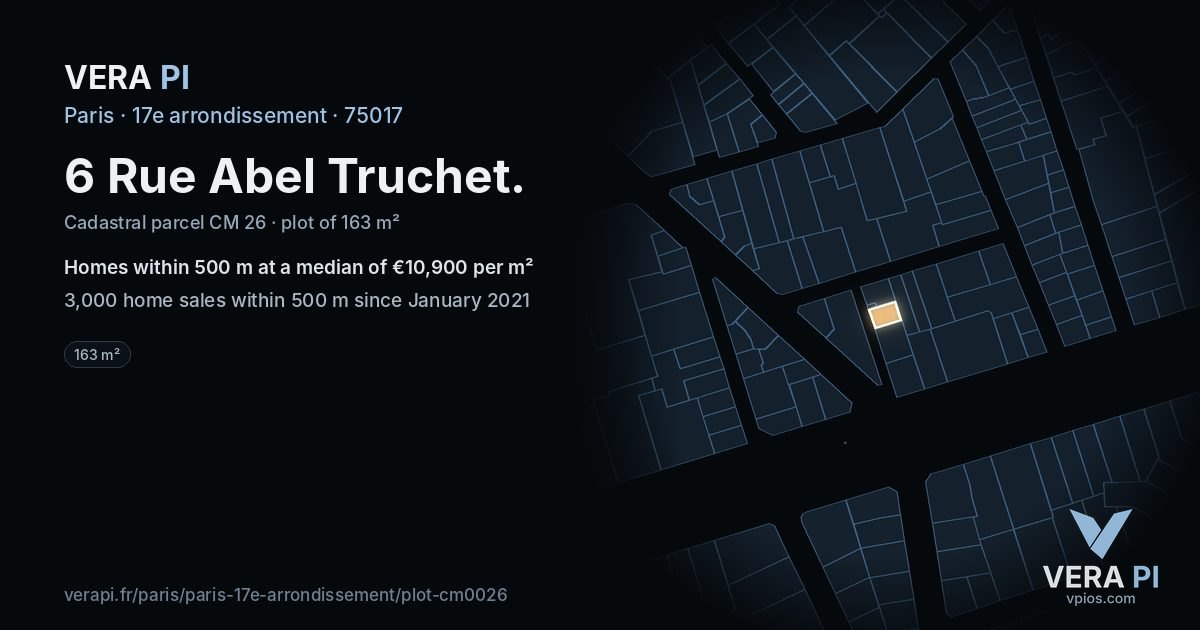 6 Rue Abel Truchet, 17e arrondissement at night – the plot lit, the parcels around coloured by the prices near them