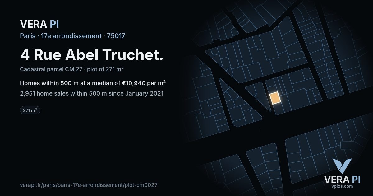 4 Rue Abel Truchet, 17e arrondissement at night – the plot lit, the parcels around coloured by the prices near them