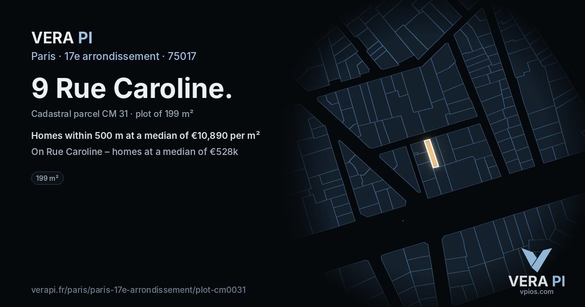 9 Rue Caroline, 17e arrondissement at night – the plot lit, the parcels around coloured by the prices near them