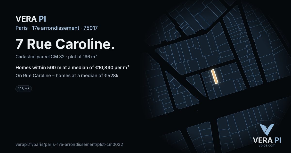 7 Rue Caroline, 17e arrondissement at night – the plot lit, the parcels around coloured by the prices near them